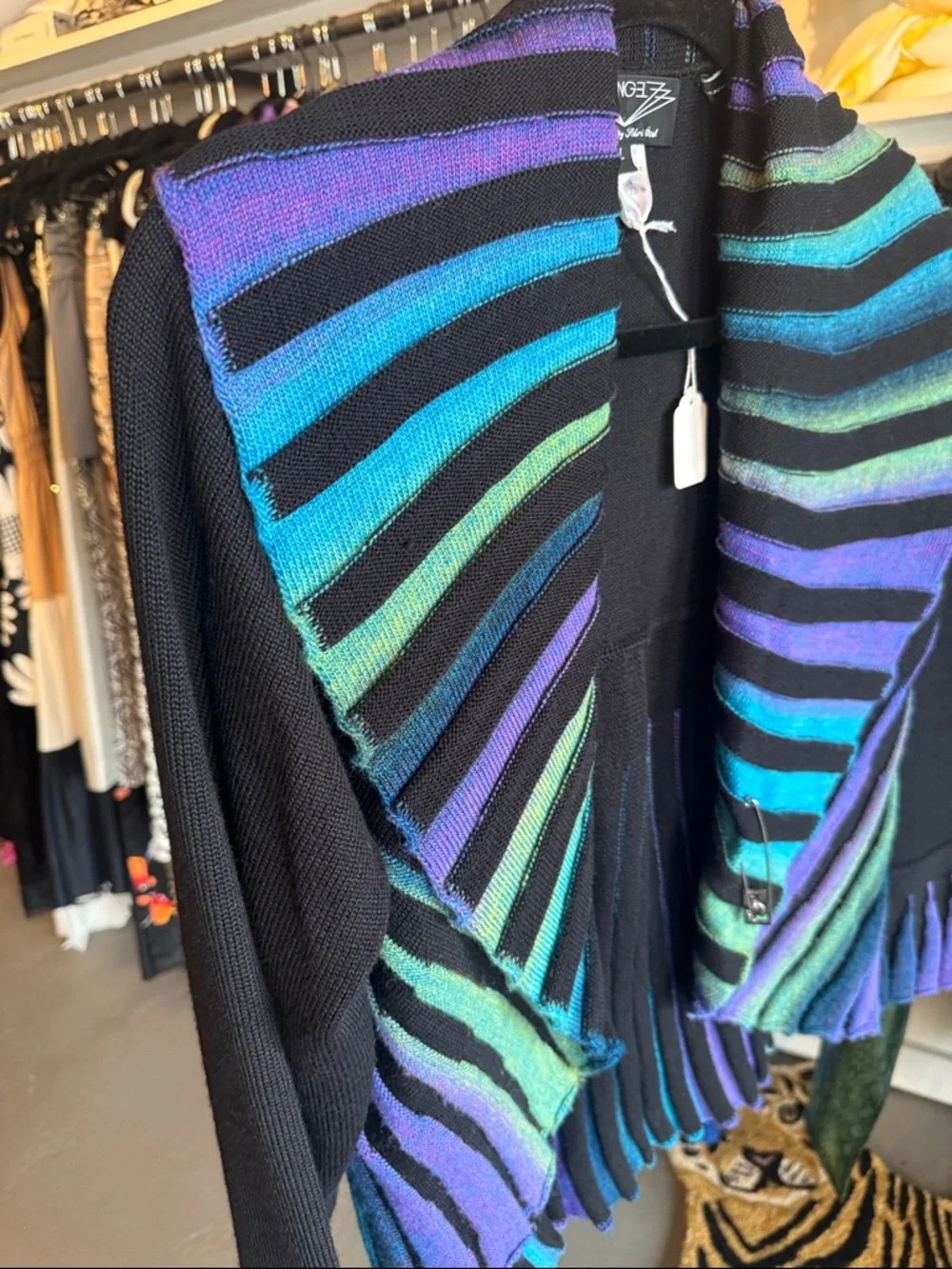 Y2K Open-Front Striped Sweater Cardigan in Blue/Green/Purple - Picture 3 of 7